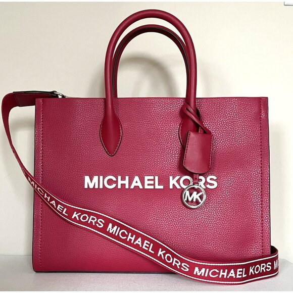 New Michael Kors Mirella Medium Pebbled Leather Tote Bag Dark Raspberry - Picture 1 of 5